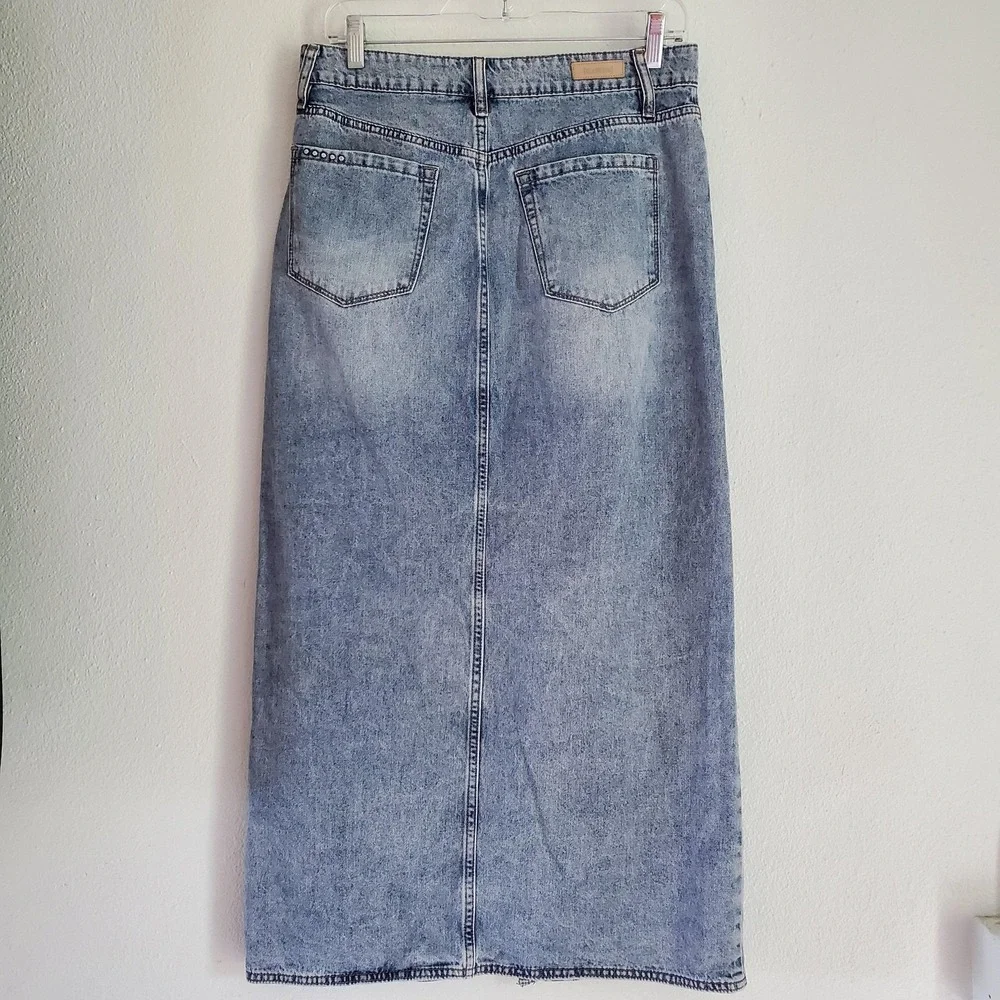 BLANK NYC Maxi Denim Skirt Women 28 Pockets Slit Cotton Blue Boho Festival Gypsy